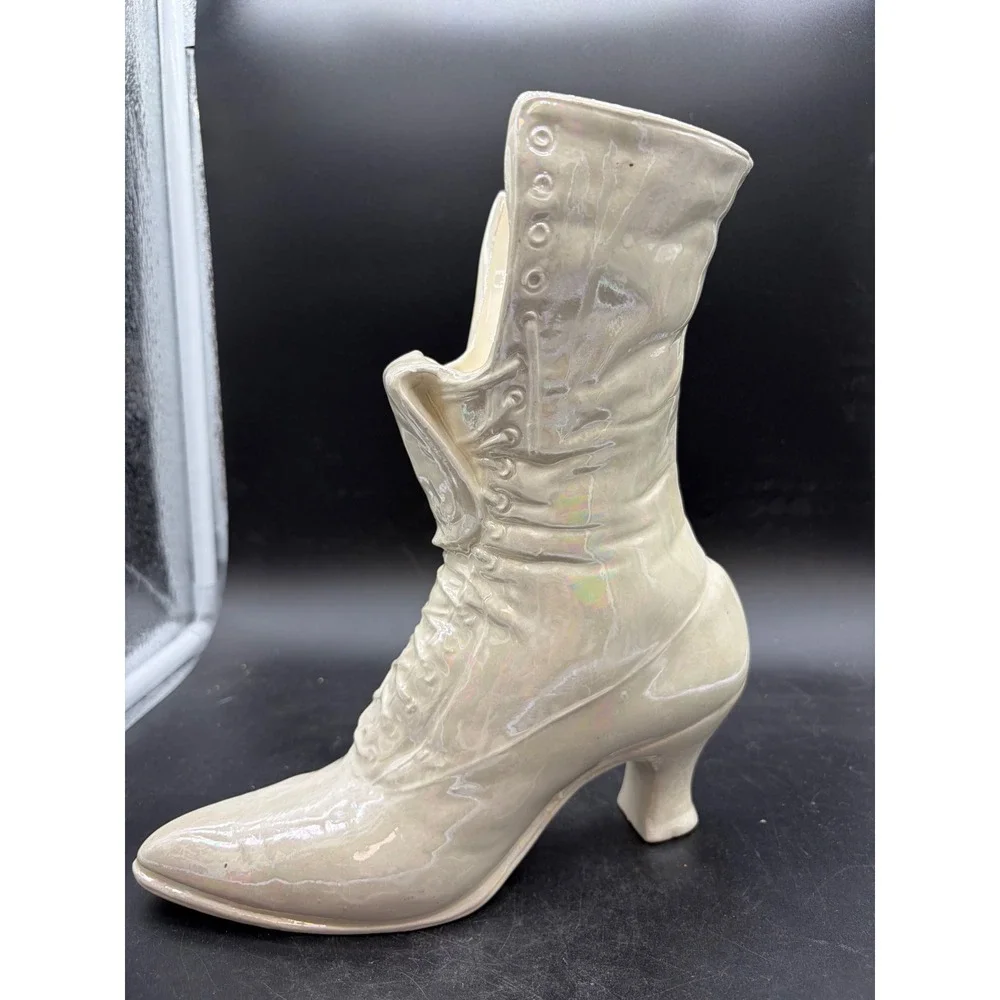 Vintage Iridescent Ceramic Victorian Lace‎ Up Boot Vase Pearlized Glaze Cream